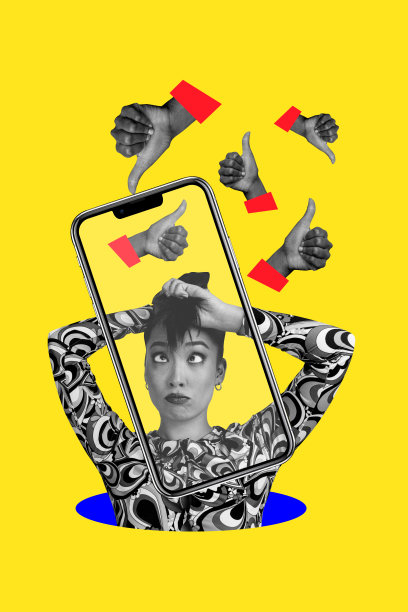 海报杂志风格的拼贴艺术图片，描绘了一个开心搞怪的女孩，她通过手机屏幕展示着竖起大拇指或向下的大拇指表情，内容与博客、网络欺凌和社交媒体相关。图片下载