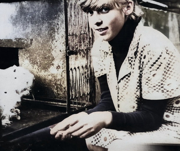 复古肖像：一位年轻的药学系学生在人工饲养室上课，正在研究大鼠的反应。1978年的老照片。图片下载