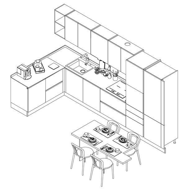 极简线条风格的厨房内部，包含餐桌、椅子和水槽。桌面摆放着各种物品，整体采用干净的轮廓风格，等距视图。图片下载