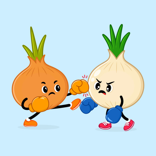 卡通洋葱们在玩耍幽默的插画中互相拳击。图片下载