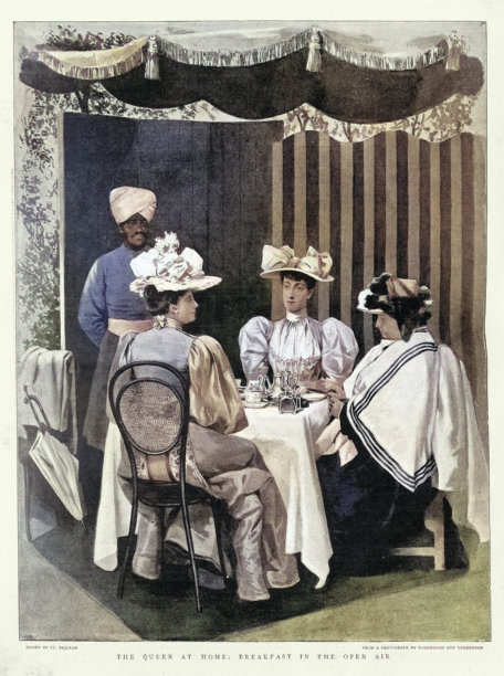 维多利亚女王与她的印度侍从阿卜杜勒·卡里姆共进早餐，维多利亚时代，1890年代复古插画，19世纪场景图片下载