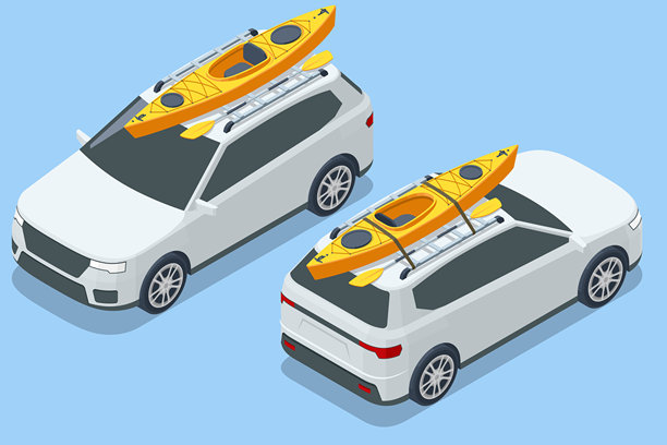 白色SUV汽车的等距视图，车顶架上载着黄色皮划艇，突显户外探险。皮划艇配有桨，非常适合在平静水域进行水上运动和户外探险。图片下载