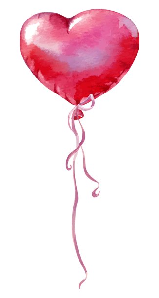 粉色心形气球带丝带的水彩矢量插画。浪漫手绘设计，适用于情人节、爱情卡片、婚礼装饰和节日构图。图片下载