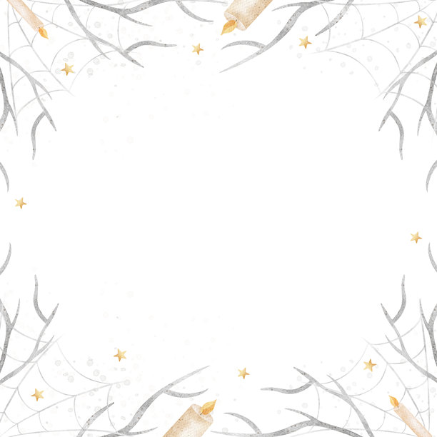 万圣节画框，燃烧的蜡烛，蜘蛛网，树枝。儿童风格的手绘水彩插画，从背景中分离出来，用于设计请柬、卡片、模板、问候语、派对、女巫。图片下载