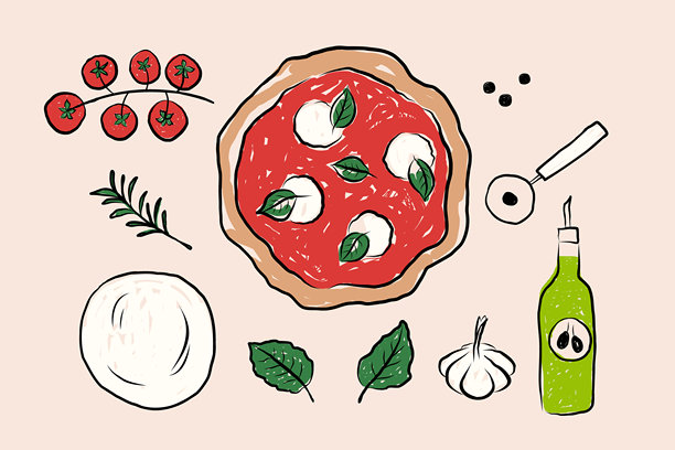 经典那不勒斯披萨，配番茄酱、马苏里拉奶酪、罗勒。意大利美食卡通插画。玛格丽特披萨食谱，含面团、橄榄油、番茄。矢量图形，孤立背景。图片下载