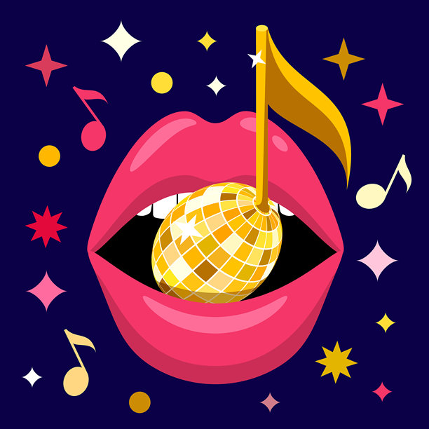 矢量插画，描绘了女性嘴唇中的迪斯科音符。适用于派对、海报、夜生活音乐活动、俱乐部概念设计。图片下载
