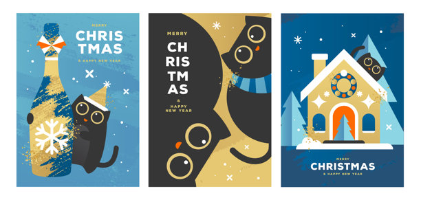 一套圣诞节卡通海报，包含有趣的猫咪、香槟酒瓶和姜饼屋。圣诞贺卡设计。矢量插画图片下载