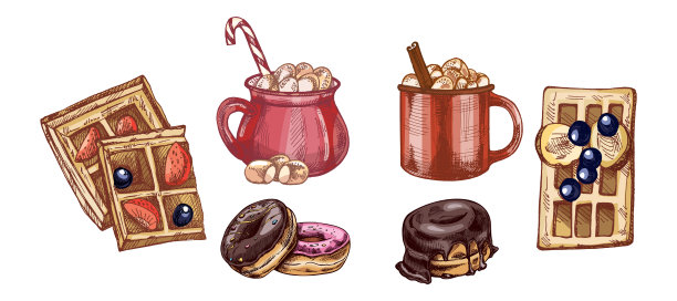 手绘复古风格的华夫饼、甜甜圈和带棉花糖的热巧克力杯的插画集，包含彩色和单色版本图片下载