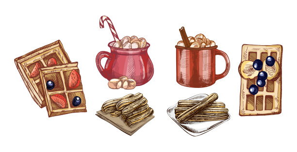 纸质手绘复古风格的华夫饼、油条、煎饼和热巧克力加棉花糖插画，采用柔和色彩。图片下载