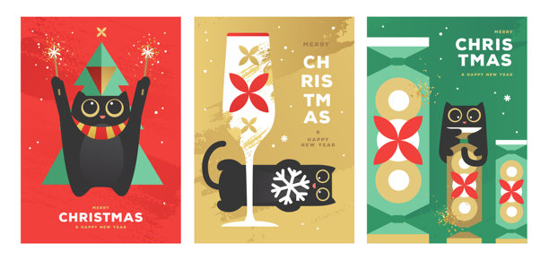 一套节日主题的扁平化海报，包含可爱的猫咪、香槟酒杯、圣诞树和糖果。圣诞贺卡设计。矢量插画。图片下载