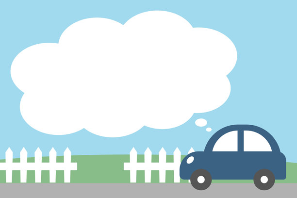 蓝色轿车与想法气泡插画 – 驾驶、道路和交通的扁平化矢量设计图片下载