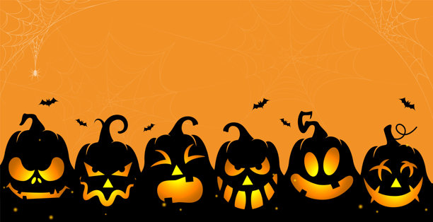 明亮的橙色夜晚，南瓜和蝙蝠的万圣节微笑，有趣的恐怖插画图片下载