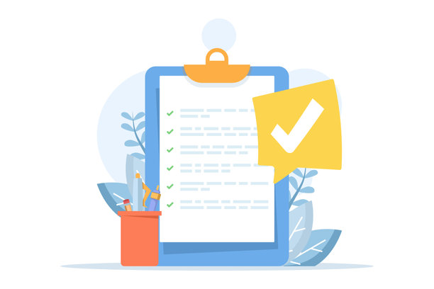 学校考试成绩概念插画。展示了测验分数、通过清单、作业和调查问卷，代表教育评估和报告文件。图片下载