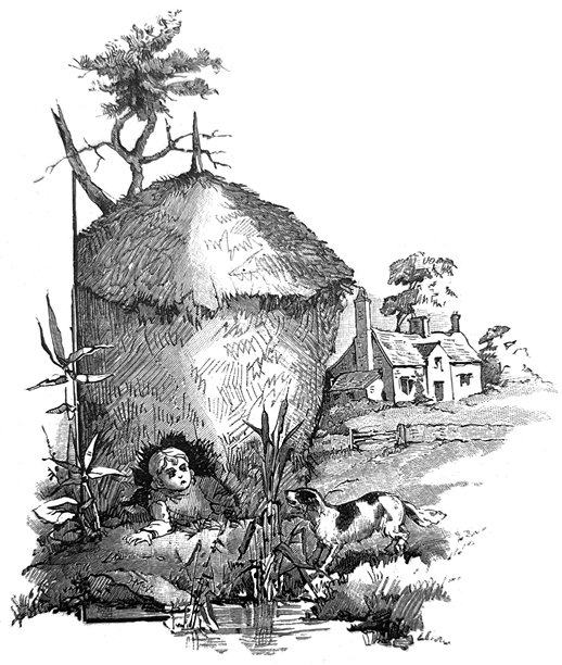 古董插画 - 小孩坐在草屋里，旁边有一只狗图片下载