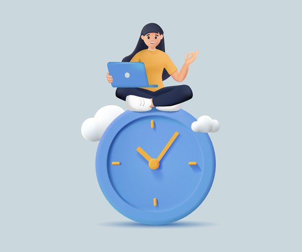 自由职业者，工作时间灵活，3D渲染矢量插画。在家办公概念，一位女商人一边用笔记本电脑工作，一边在时钟上做瑜伽或冥想。工作与生活的平衡。图片下载