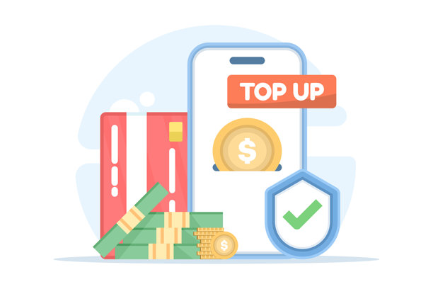 插画，描绘了手机充值概念，包含智能手机、盾牌、支付卡和硬币，代表安全的余额充值、移动技术和数字支付安全。图片下载