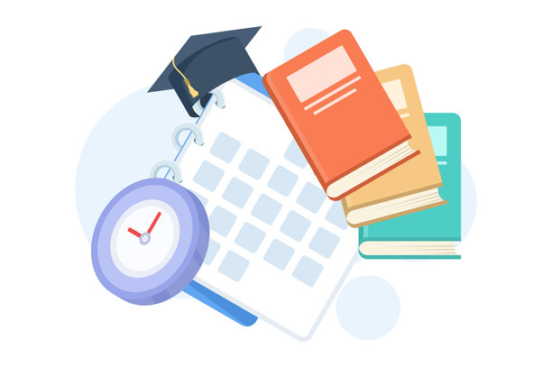 卡通风格的插画，描绘了堆叠的书本、闹钟、日历和毕业帽，象征着在线教育、学习计划和考试准备的概念。图片下载