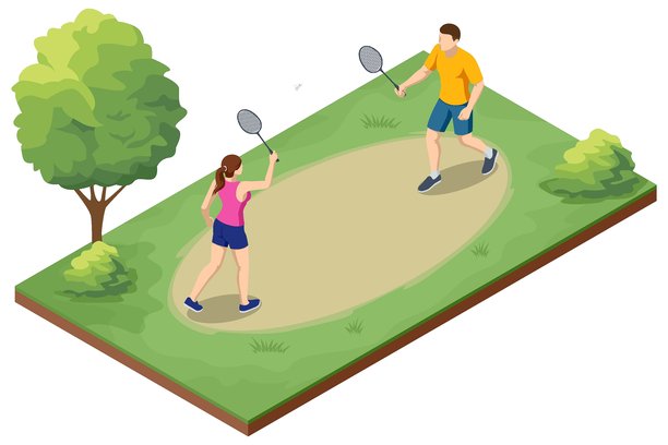 一张男士和女士打羽毛球混双比赛的等距插画，描绘了团队合作、竞争和户外娱乐。图片下载