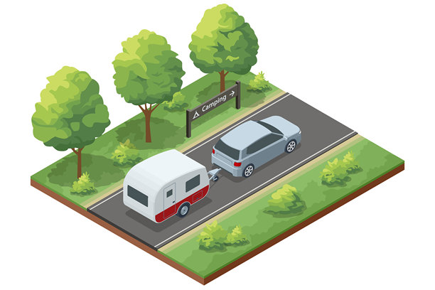 一辆汽车拖着一个红白相间的小旅行拖车，在通往露营地的路上行驶，路边有露营标志和树木的等距插画。夏日假期与旅行概念。图片下载