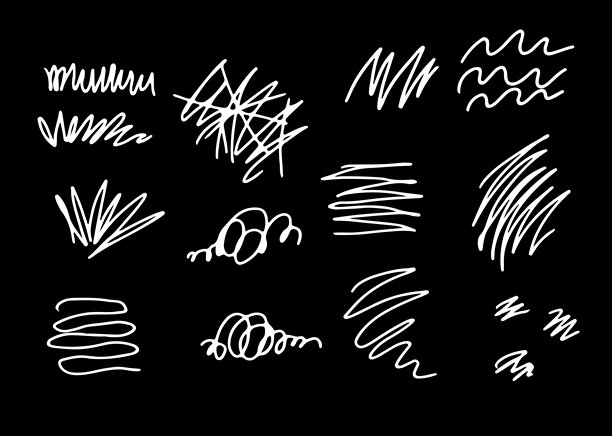 一组颓废风格的曲线和涂鸦。用白色画笔在黑色背景上绘制。艺术颓废形状矢量图，包含手绘线条、涂鸦、纹理笔触和素描风格。矢量插画图片下载