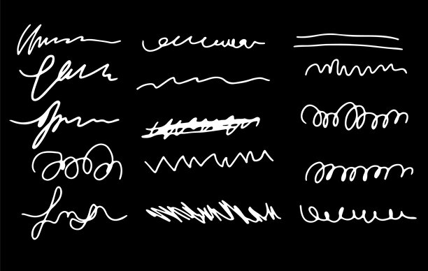 一组颓废风格的涂鸦和线条。用白色画笔在黑色背景上绘制。颓废风格的矢量集合，包含手绘形状，如涂鸦、粗糙的笔触和素描元素。矢量插画图片下载