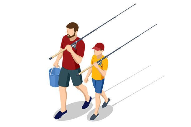 父亲和儿子去钓鱼的等距插画。男人和男孩拿着钓鱼竿和水桶在散步。家庭户外休闲和亲子活动。图片下载