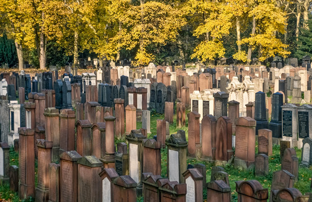 历史彩色照片，俯瞰法兰克福老犹太公墓中一排排坟墓、墓碑和墓柱，背景是秋季森林的落叶。图片下载