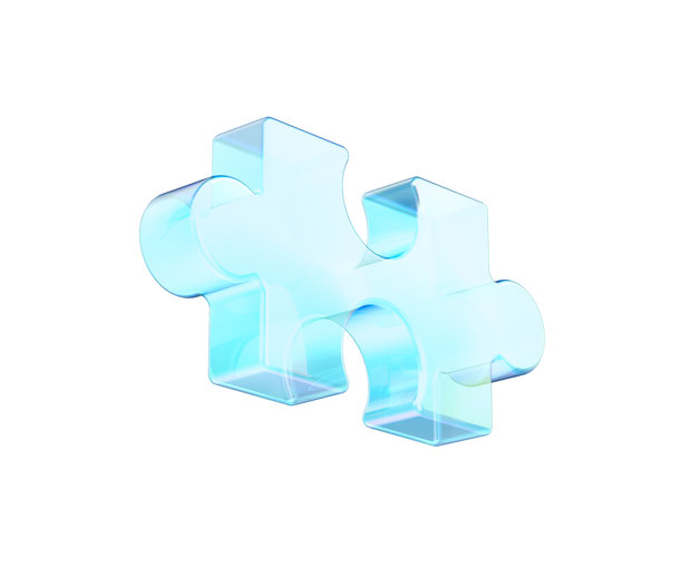 一个透明、发光的蓝色拼图块，设计时尚现代，呈玻璃质感。3D插画图片下载