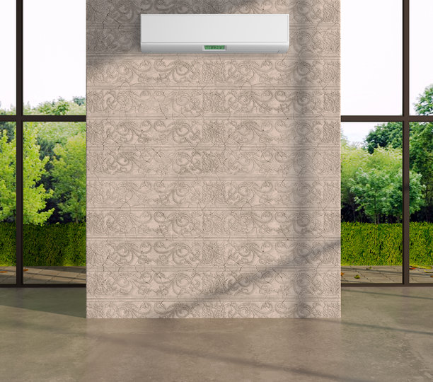 现代明亮的室内房间，配有空调和遥控器插画，3D渲染图片下载