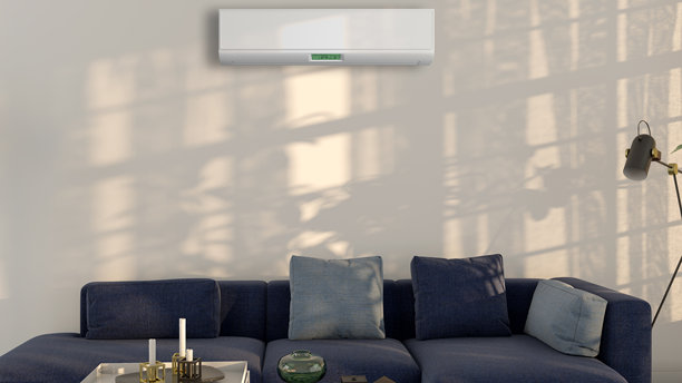 现代明亮的室内房间，配有空调和遥控器插画，3D渲染图片下载