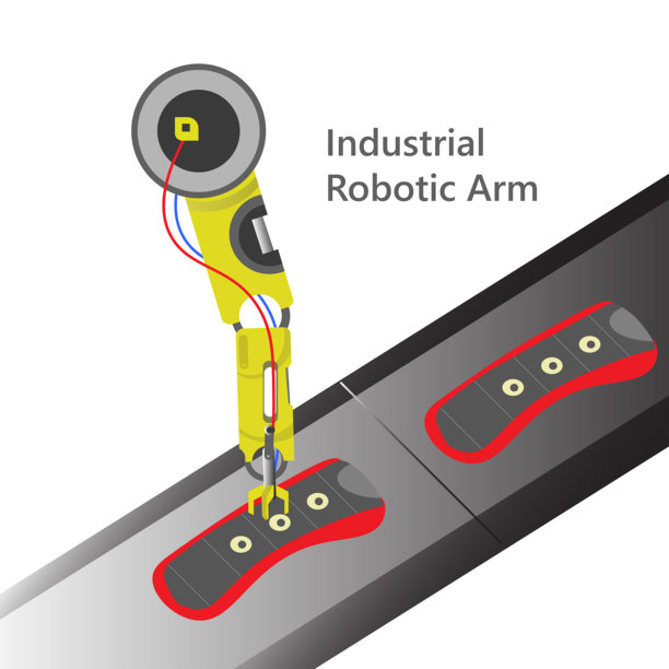 现代制造工厂装配线上的工业机器人手臂进行精密作业。矢量图，插画。图片下载