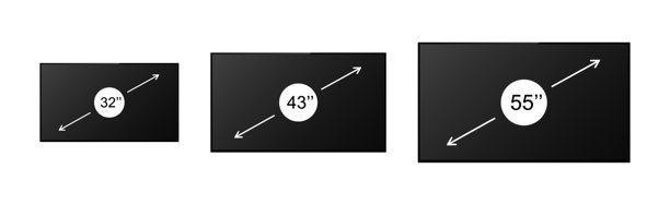 写实风格的屏幕图标合集，尺寸包括32、43、55英寸，背景为白色。矢量插画，展示屏幕的英寸尺寸和对角线尺寸。图片下载