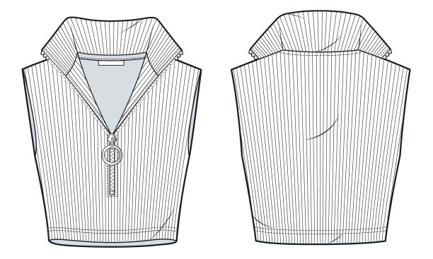 无袖拉链立领露脐上衣时尚平面草图。修身针织背心时尚平面技术绘图模板，正面和背面视图，白色，女装，男装，男女皆宜CAD模型。图片下载