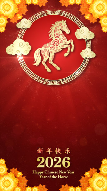 3D渲染：喜庆的2026年中国新年设计，以金马生肖、传统祥云图案、花卉元素和红色背景为特色。图片下载