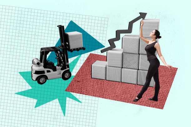 拼贴时尚杂志照片，快乐的商人和女商人站在发展箭头旁，搬运木块，朝着目标前进。图片下载