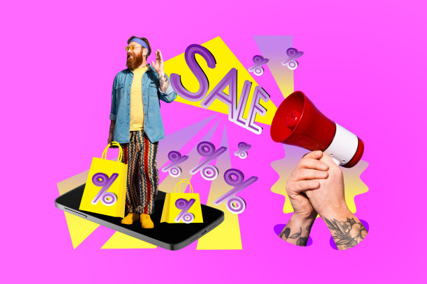 手持复古风格电话促销海报的卡通人物，展示了商店的促销、打折、低价和返利信息。图片下载