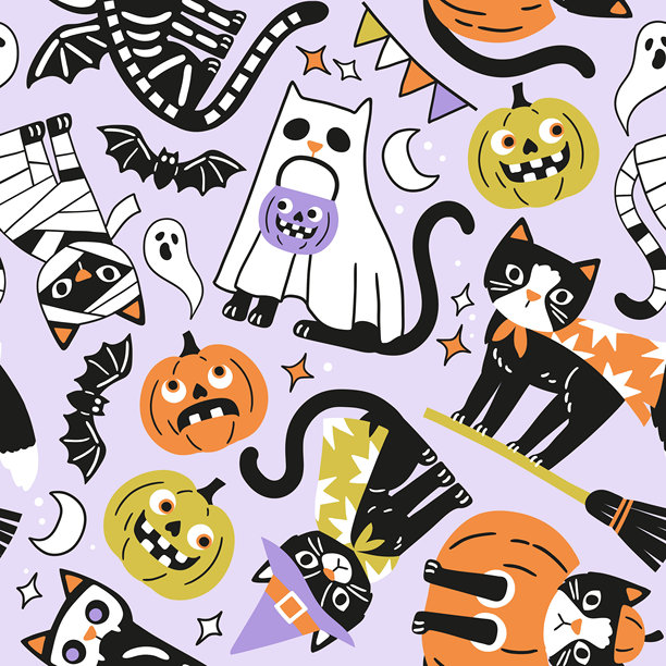 万圣节黑色猫咪无缝矢量图案。手绘恐怖万圣节南瓜和猫插画。非常适合壁纸或织物印花设计。EPS 10矢量文件。图片下载