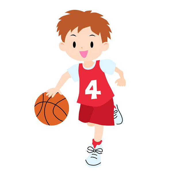 男孩穿着红色球衣打篮球的插画。矢量插画。图片下载