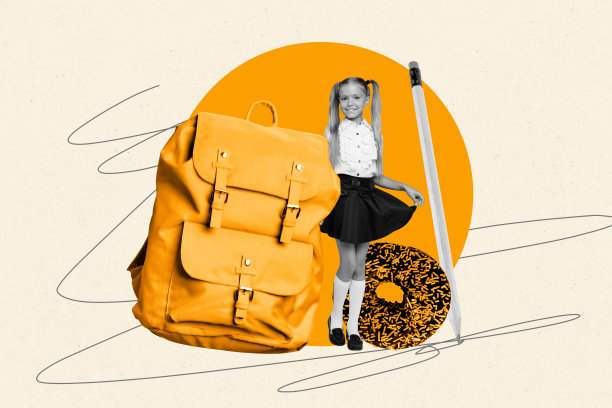 大尺寸背包甜甜圈文具小学生的照片拼贴模板潮流艺术作品，年轻的乖乖女站着摆姿势微笑学习功课，书呆子图片下载