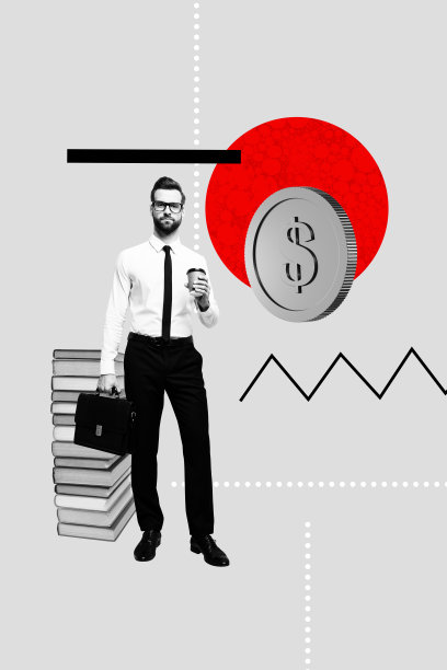 3D照片拼贴模板，潮流素描，年轻商人站立，手持饮品杯，硬币堆，书籍，货币，现金，财富，金融，贸易图片下载