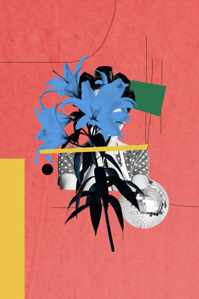 垂直艺术图片海报 3D 横幅拼贴画，一位匿名女佣手持百合花束，庆祝三月迪斯科舞会活动图片下载