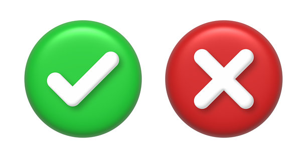 3D绿色对勾和红色叉号图标，圆形按钮，分别表示接受和拒绝。插画图片下载
