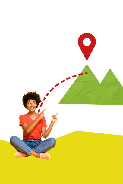 拼贴照片组合设计趋势素描，关于游客放松的假期旅行，夏日，年轻女士微笑坐着，手指指向显示地点。图片下载