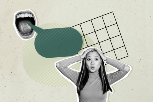 惊恐女孩的图片海报潮流拼贴，带着思考气泡，谈话，欺凌，紧张，虐待，对话，话匣子，言语通知图片下载