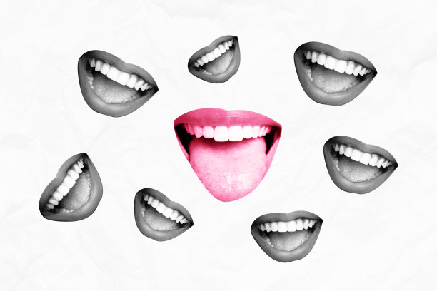 各种鬼脸、牙齿、舌头、张嘴、说话、谣言的素描拼贴3D照片拼贴潮流艺术作品，具有迷幻风格图片下载