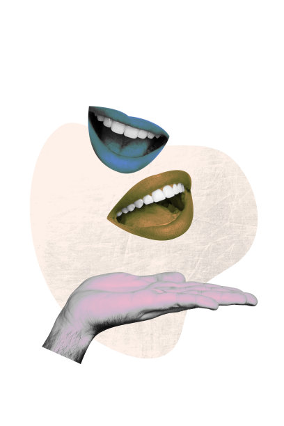 迷幻风格拼贴画，一只巨大的手拿着两片嘴唇，描绘谣言、谈话、碎片、牙齿和微笑八卦的拼贴模板照片。图片下载