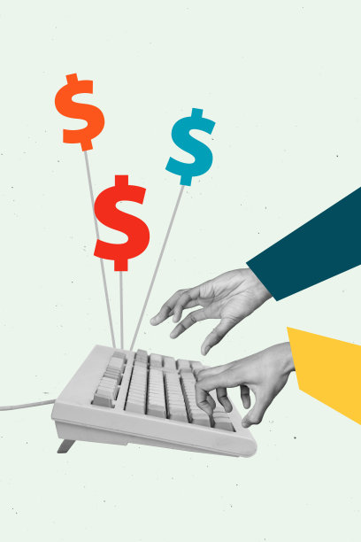 3D照片拼贴潮流艺术作品草图，双手打字键盘，互联网键盘，自由职业者，虚拟冲浪，货币，现金，财富，金融，贸易图片下载