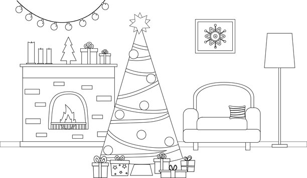 圣诞节室内装饰，带有壁炉线条艺术图片下载