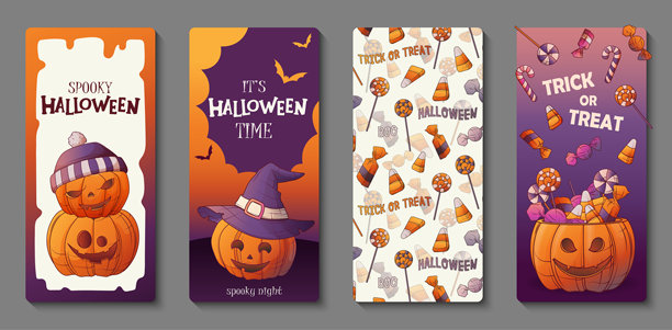矢量万圣节竖幅插画，包含南瓜、巫师帽、糖果、甜点和图案。图片下载