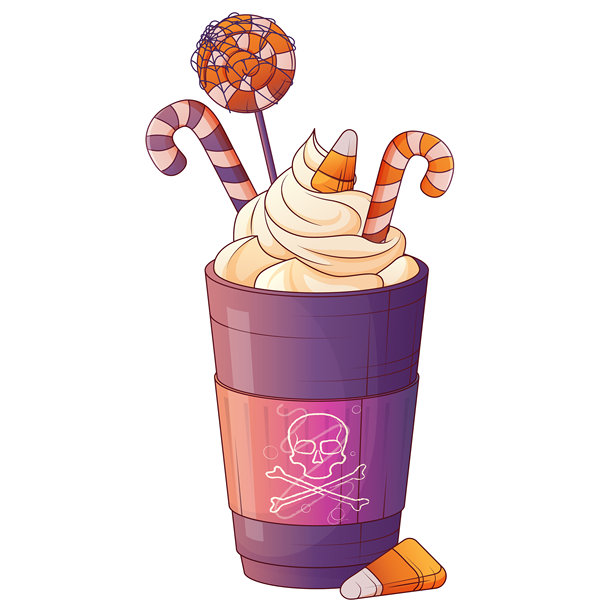矢量插画，描绘一杯万圣节主题的咖啡，上面有鲜奶油、糖果、棒棒糖和骷髅头标签，营造出诡异的氛围。图片下载